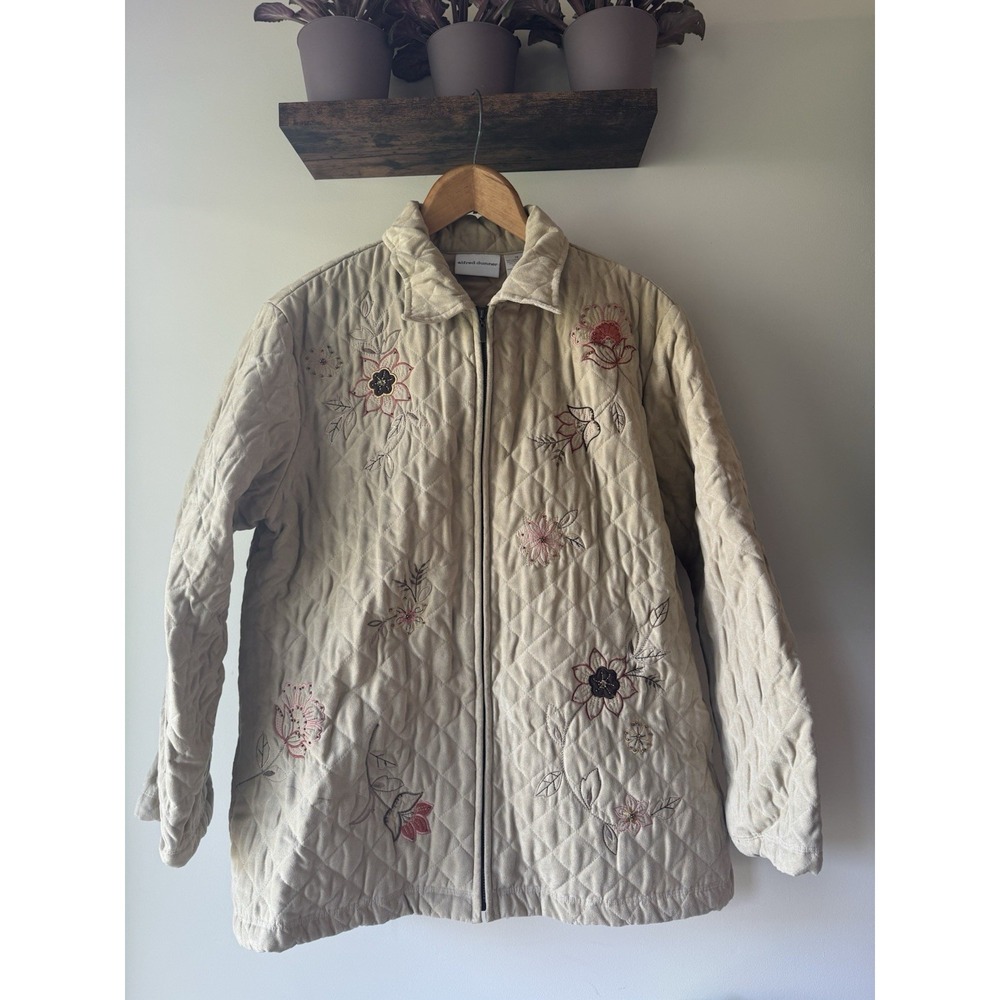 Alfred Dunner Quilted Floral Jacket 16 Beige Embroidered Suede Grandma Core Boho